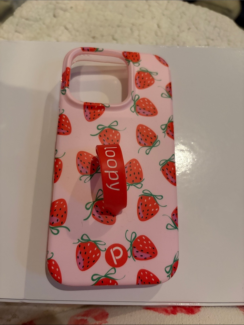 Loopy Case Pink Strawberry Pattern Phone Case with Red Loop iPhone 16 Pro